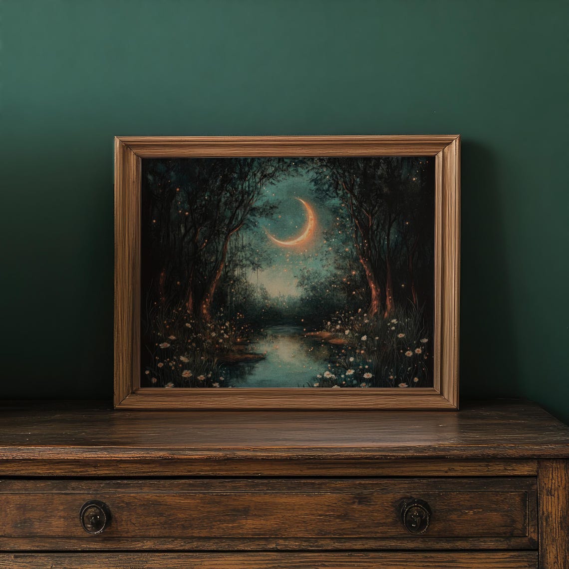 Moonlit Forest Stream Crescent Moon Night Painting Art Print