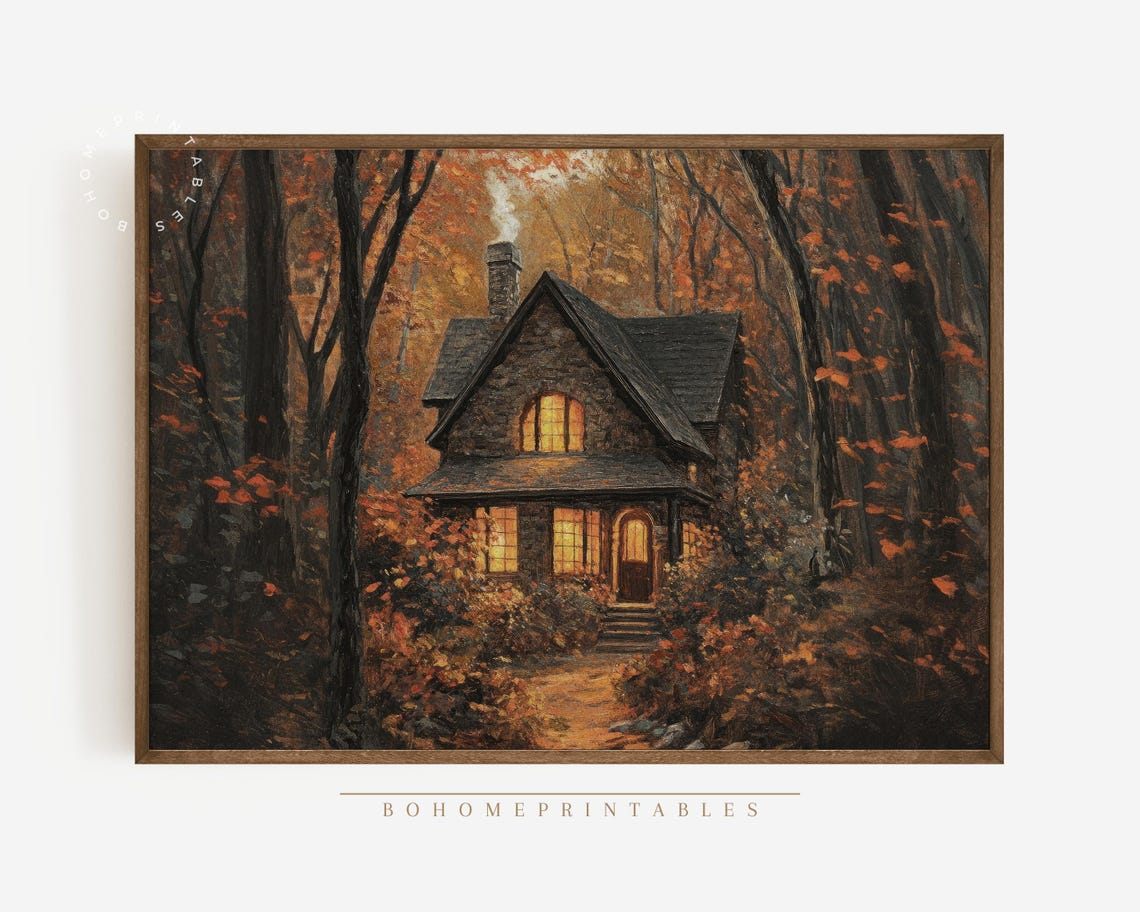 A Cozy Stone Cottage Glowing in an Autumn Forest at Dusk Poster