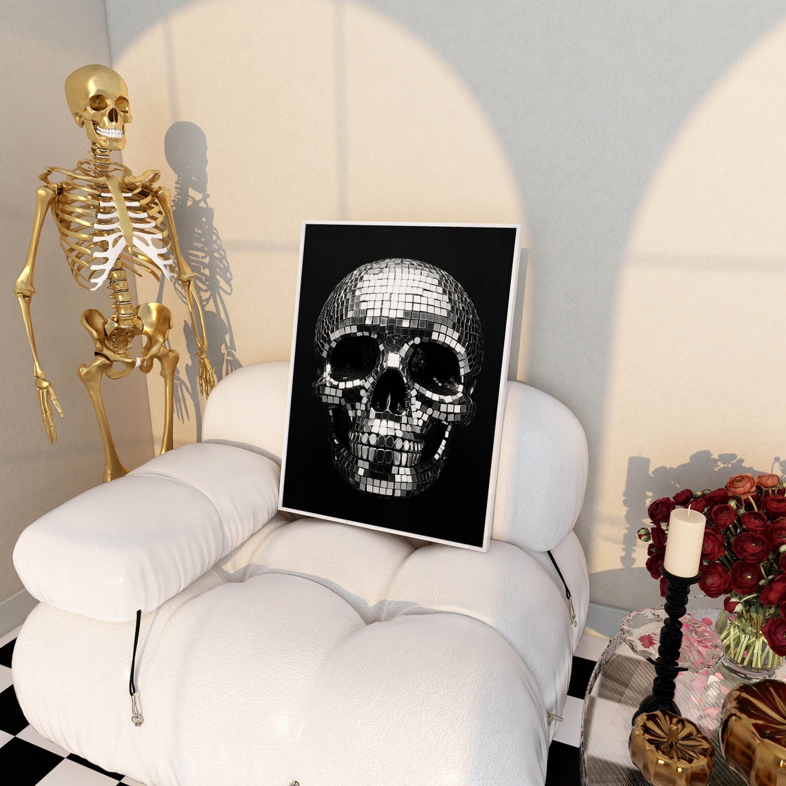 Disco Ball Skull on Black Girly Retro Groovy Halloween Party Poster - Image 2