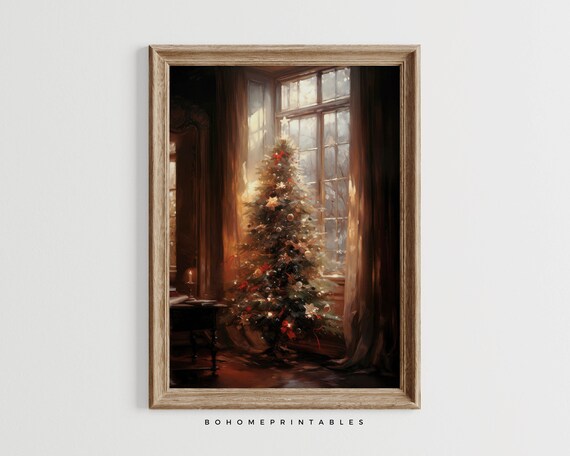 Christmas Tree by Tall Windows Moody Vintage Living Room Art Poster