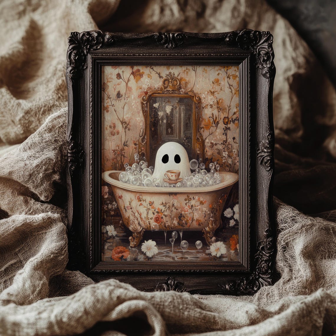 Spooky Cute Ghost in Bubble Bath Vintage Bathtub Halloween Art Poster - Image 2