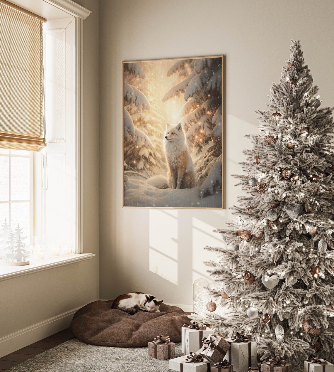White Fox in Snowy Golden Forest Vintage Winter Christmas Poster - Image 2