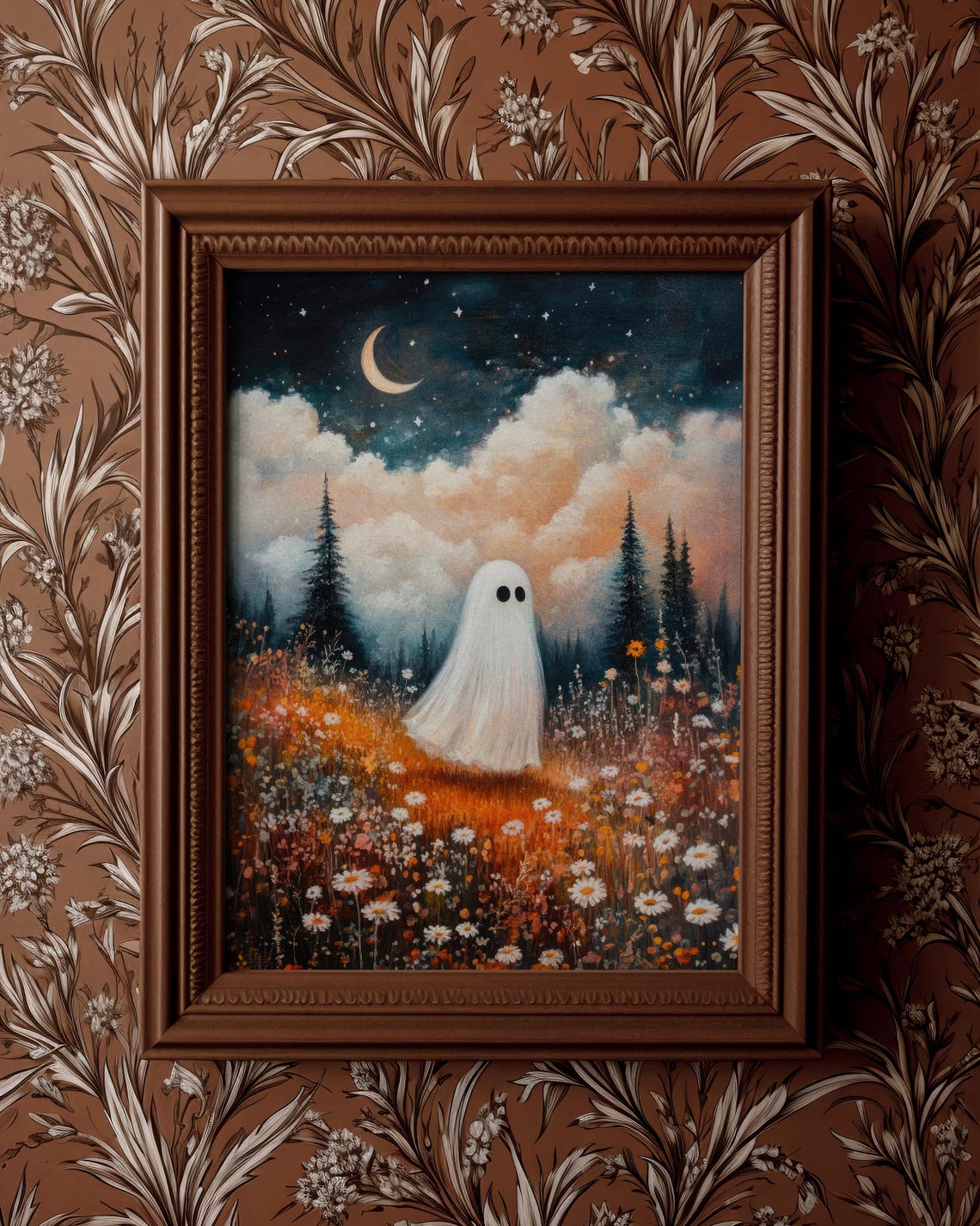 Cute Ghost in Night Wildflower Meadow Whimsigoth Painterly Art Poster