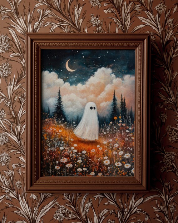 Cute Ghost in Night Wildflower Meadow Whimsigoth Painterly Art Poster