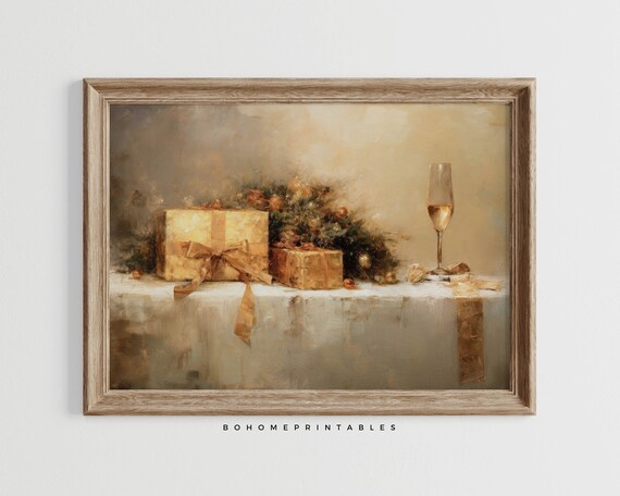 Vintage Christmas Still Life Oil Painting Holiday Gifts Champagne Poster