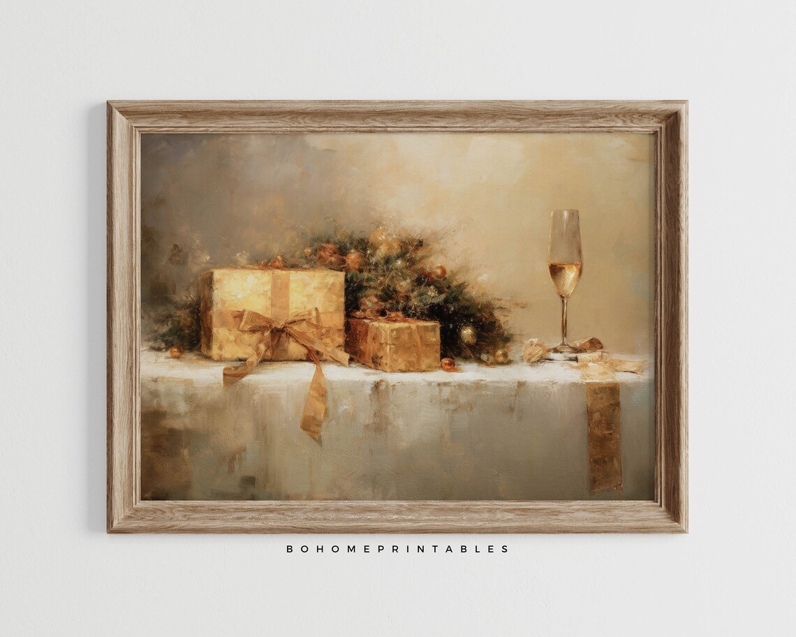 Vintage Christmas Still Life Oil Painting Holiday Gifts Champagne Poster