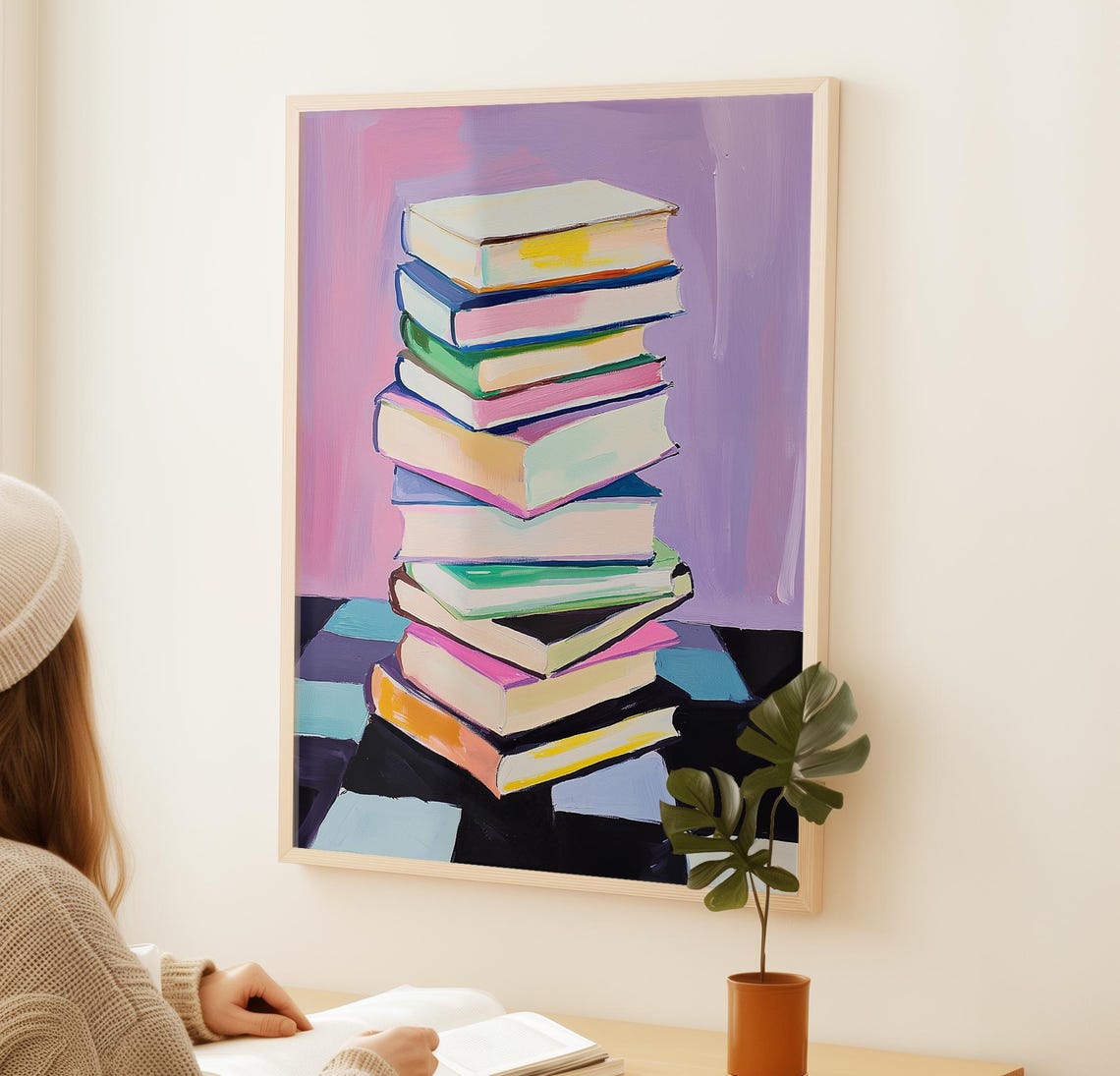 Stack Of Colorful Books On Checkered Floor Retro Style Art Poster - Image 3