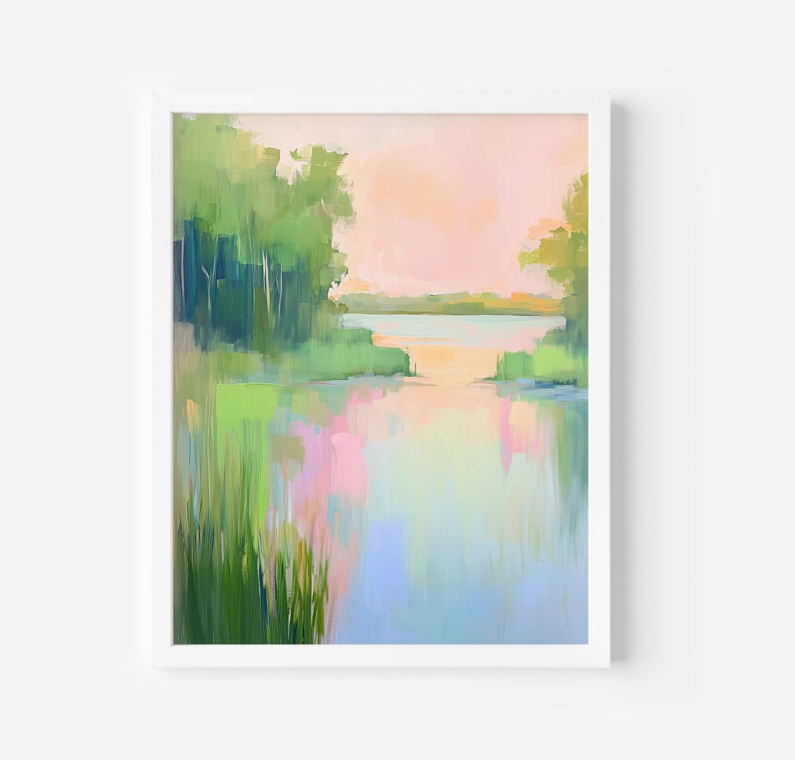 Pastel Lake Sunset Reflections Green Trees Landscape Art Poster