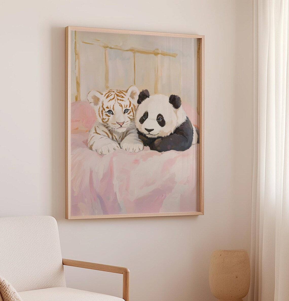 Sweet Baby White Tiger and Panda Cub Cuddling Pink Nursery Poster - Image 2