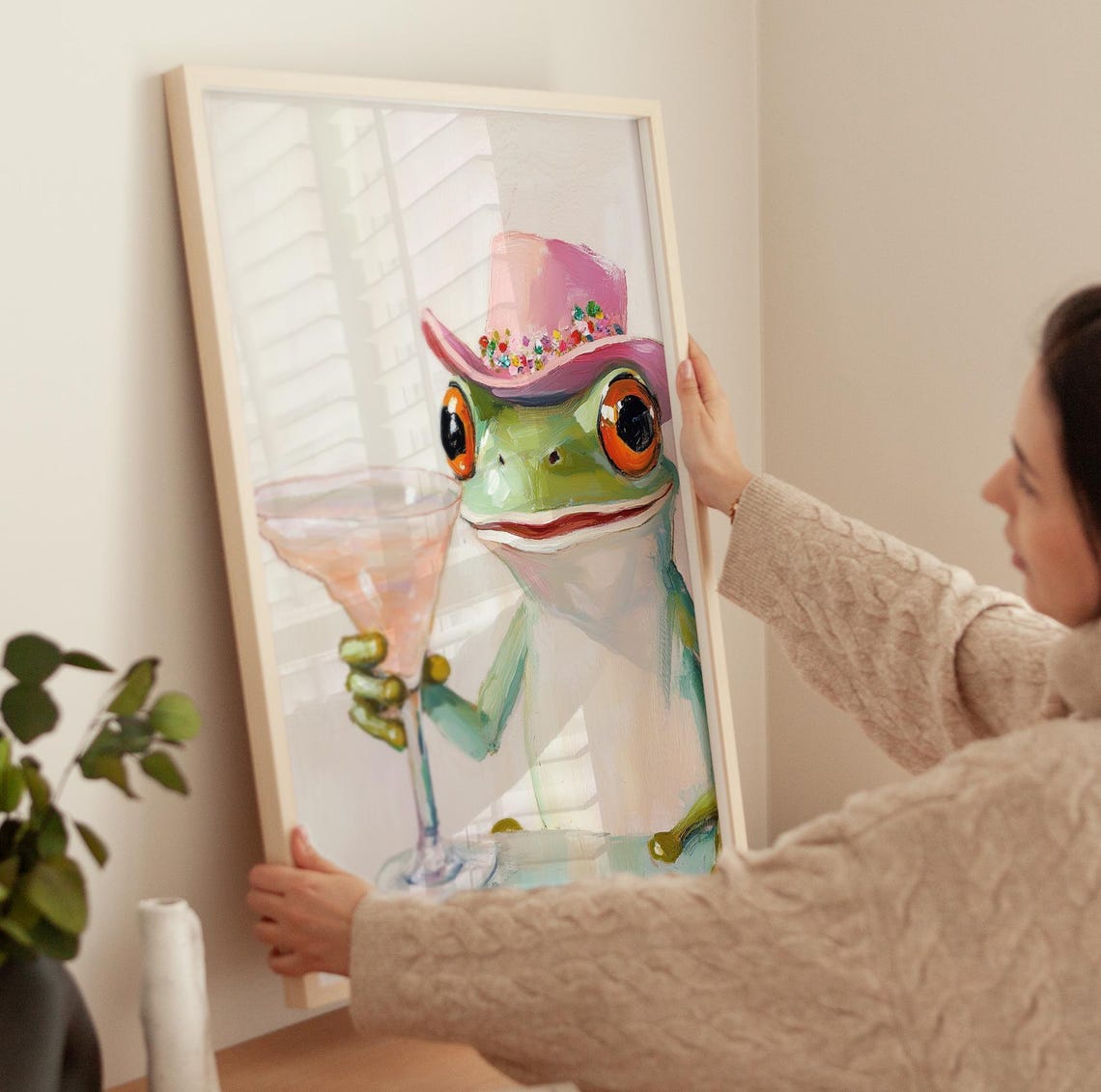 Dapper Green Frog In Pink Top Hat Holding A Cocktail Art Poster - Image 3