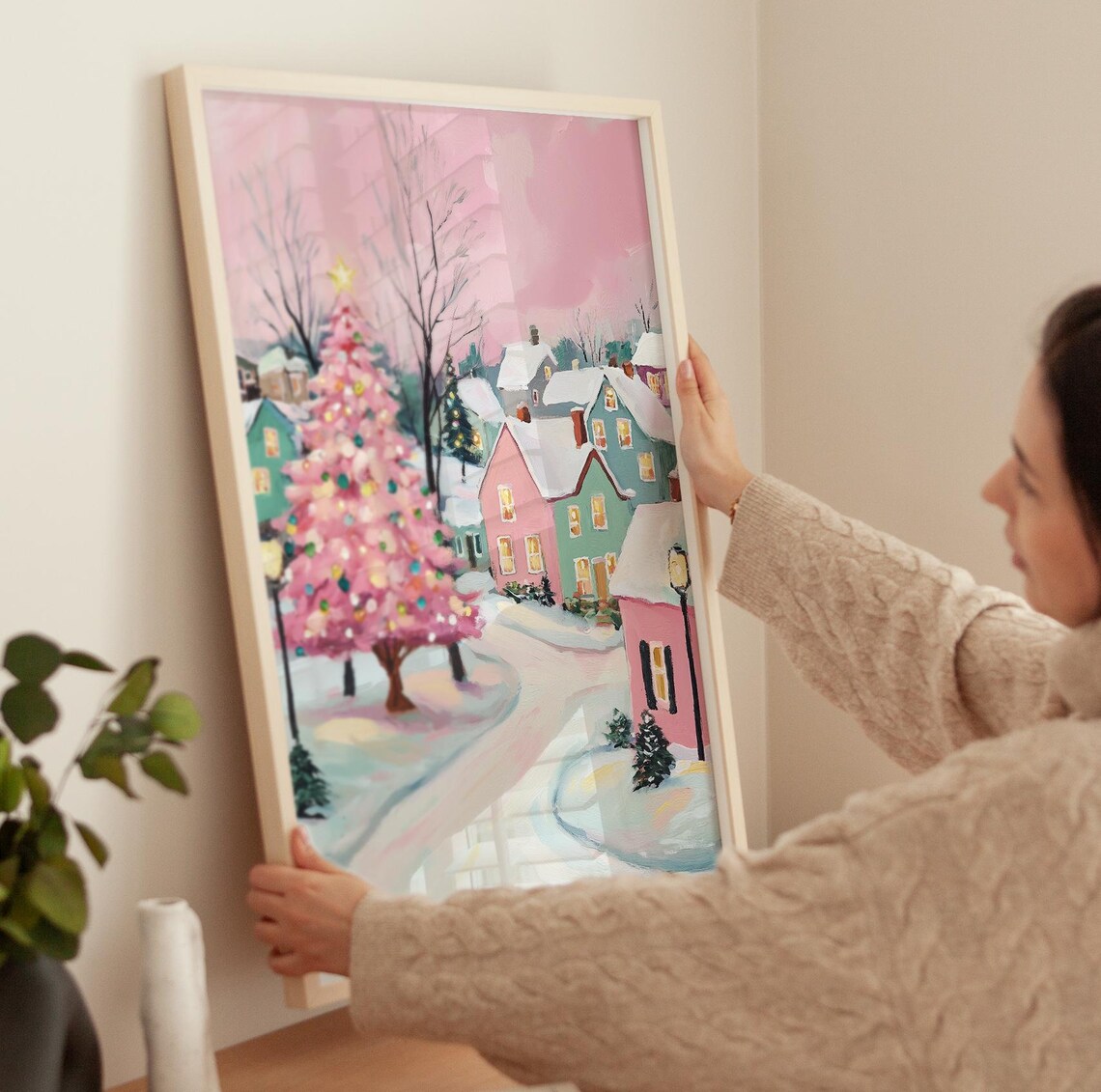 Pink Christmas Tree In Snowy Village Street Winter Scene Art Poster - Image 3