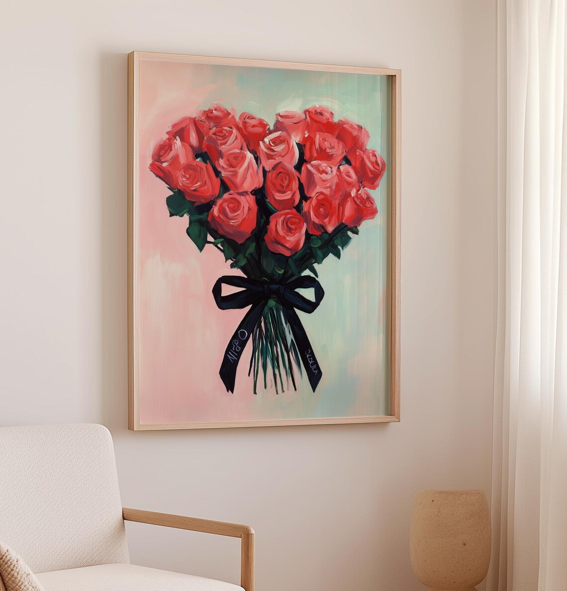 Pink Roses Bouquet Black Ribbon Bow Romantic Floral Gift Wall Poster - Image 3