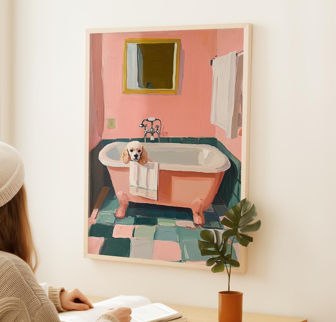 Toy Poodle in Bathtub, Pink Bathroom Dog Art Print - Image 2