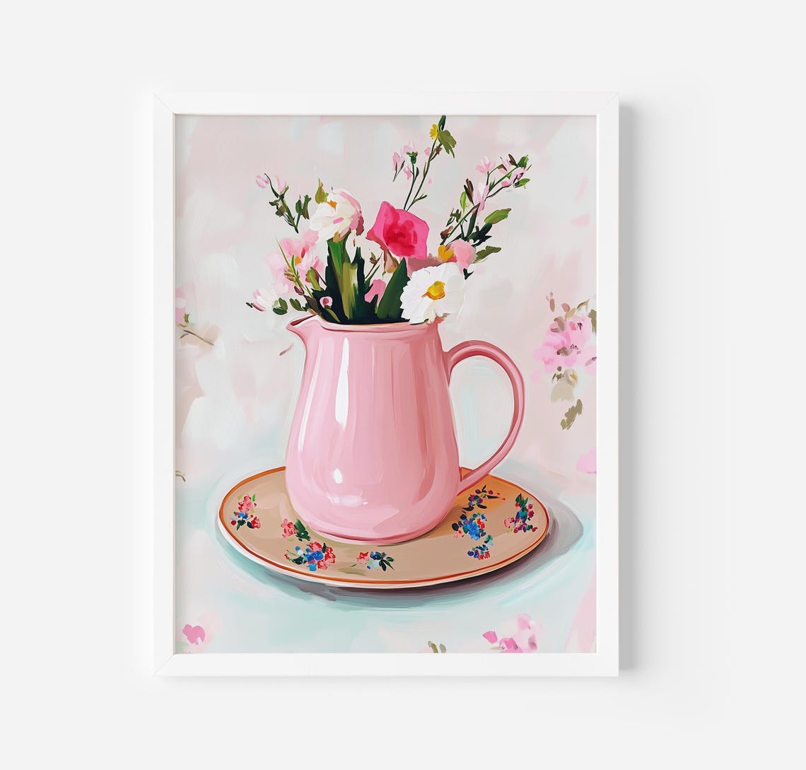 Pink Pitcher Wildflower Bouquet Cottage Floral Still Life Wall Poster