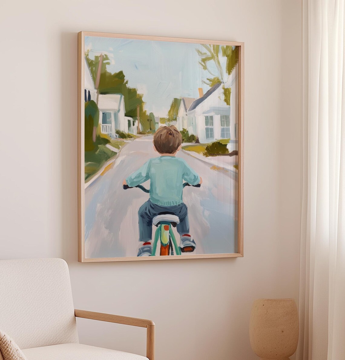 Little Boy Riding Bicycle Down A Sunny Neighborhood Street Poster - Image 2