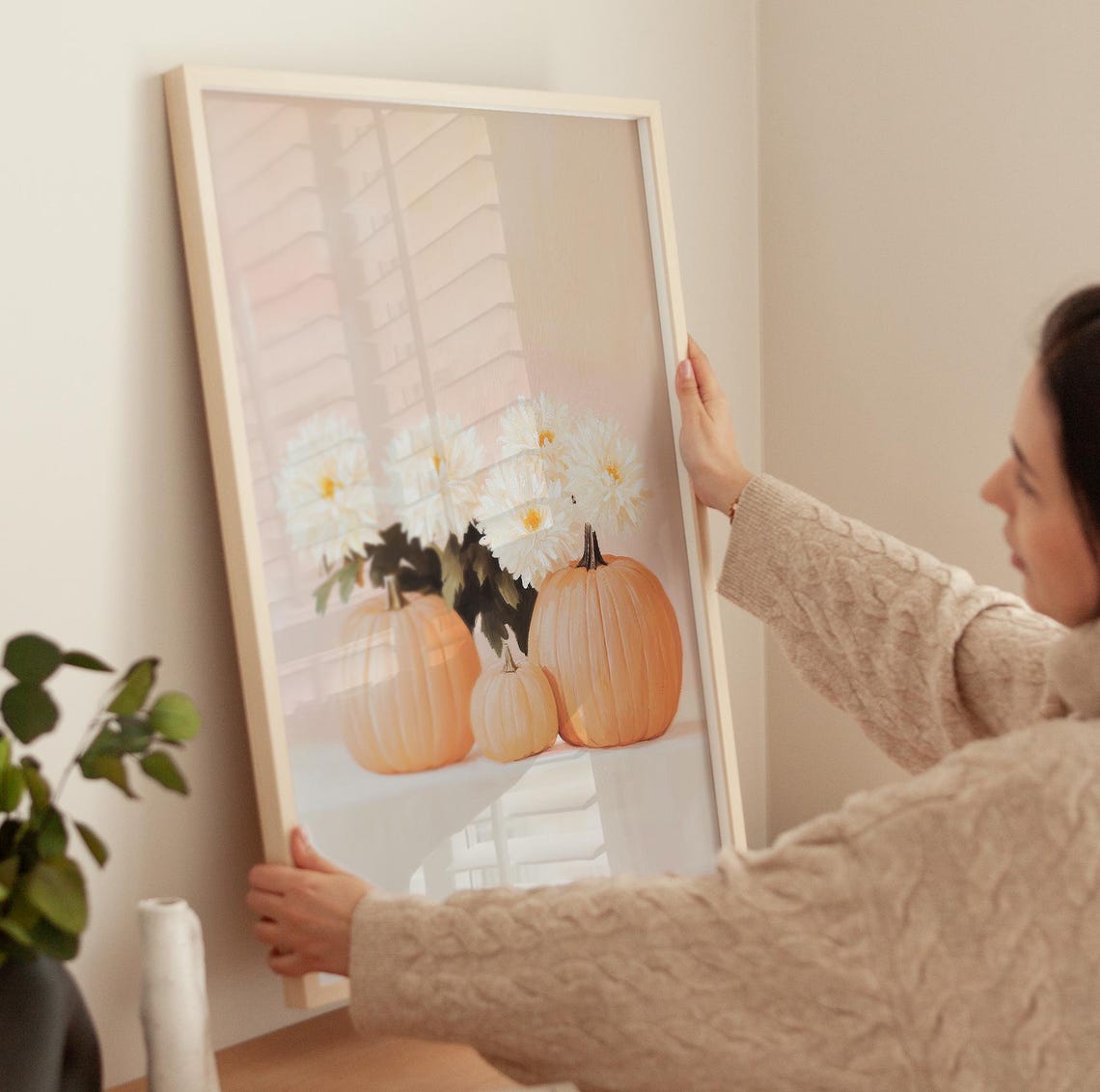 Blush Pumpkins With White Chrysanthemums Fall Still Life Poster - Image 3