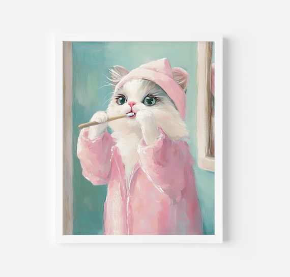 Cute Cat Brushing Teeth Pink Bathrobe Bathroom Funny Kitten Art Poster