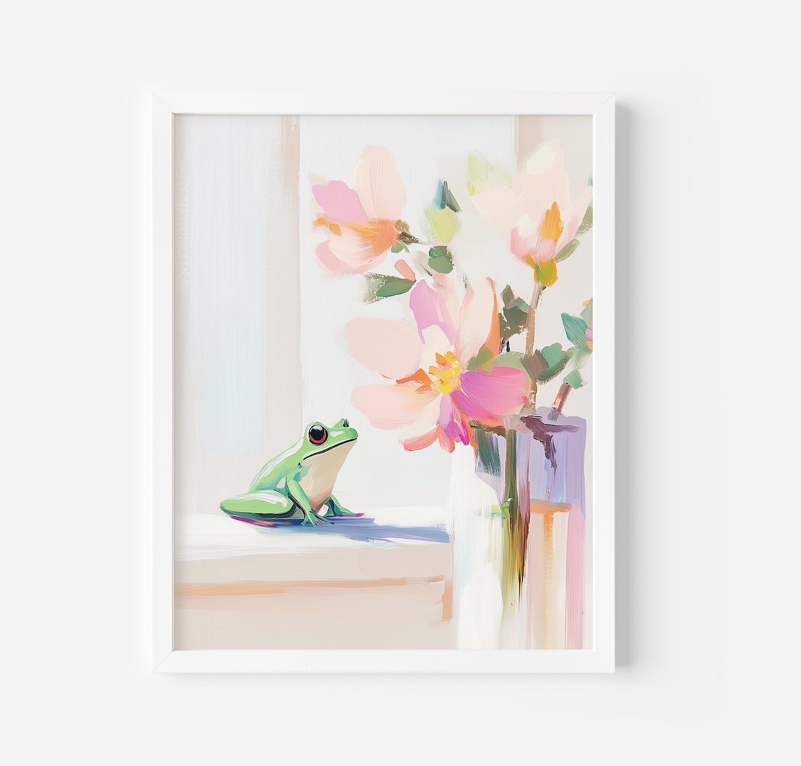 Green Frog Beside Pink Flowers Pastel Watercolor Painting Poster