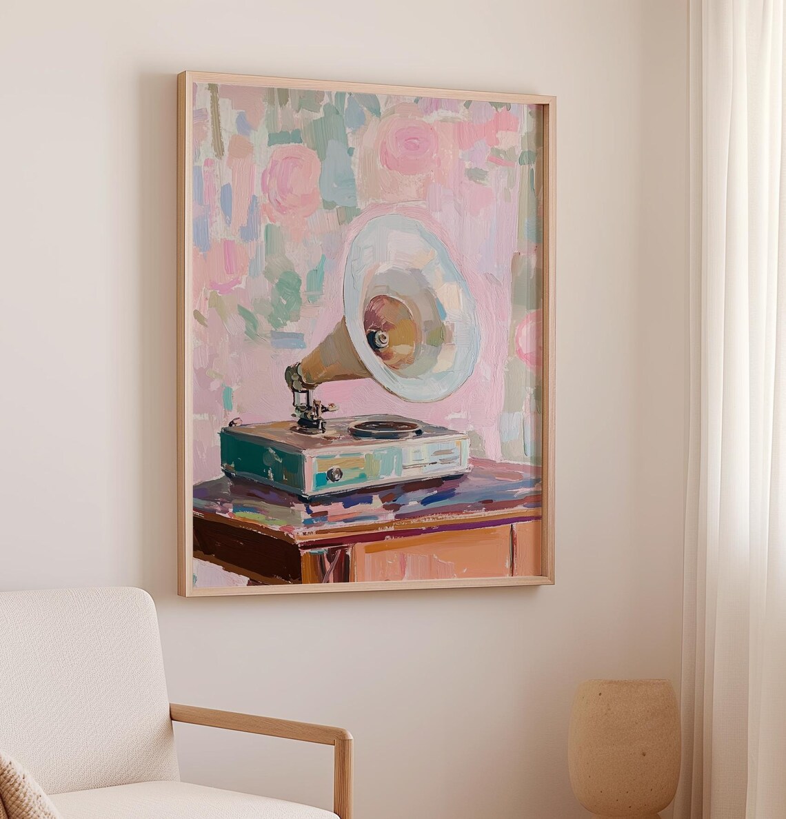 Vintage Gramophone with Floral Pastel Background Retro Music Art Poster - Image 2