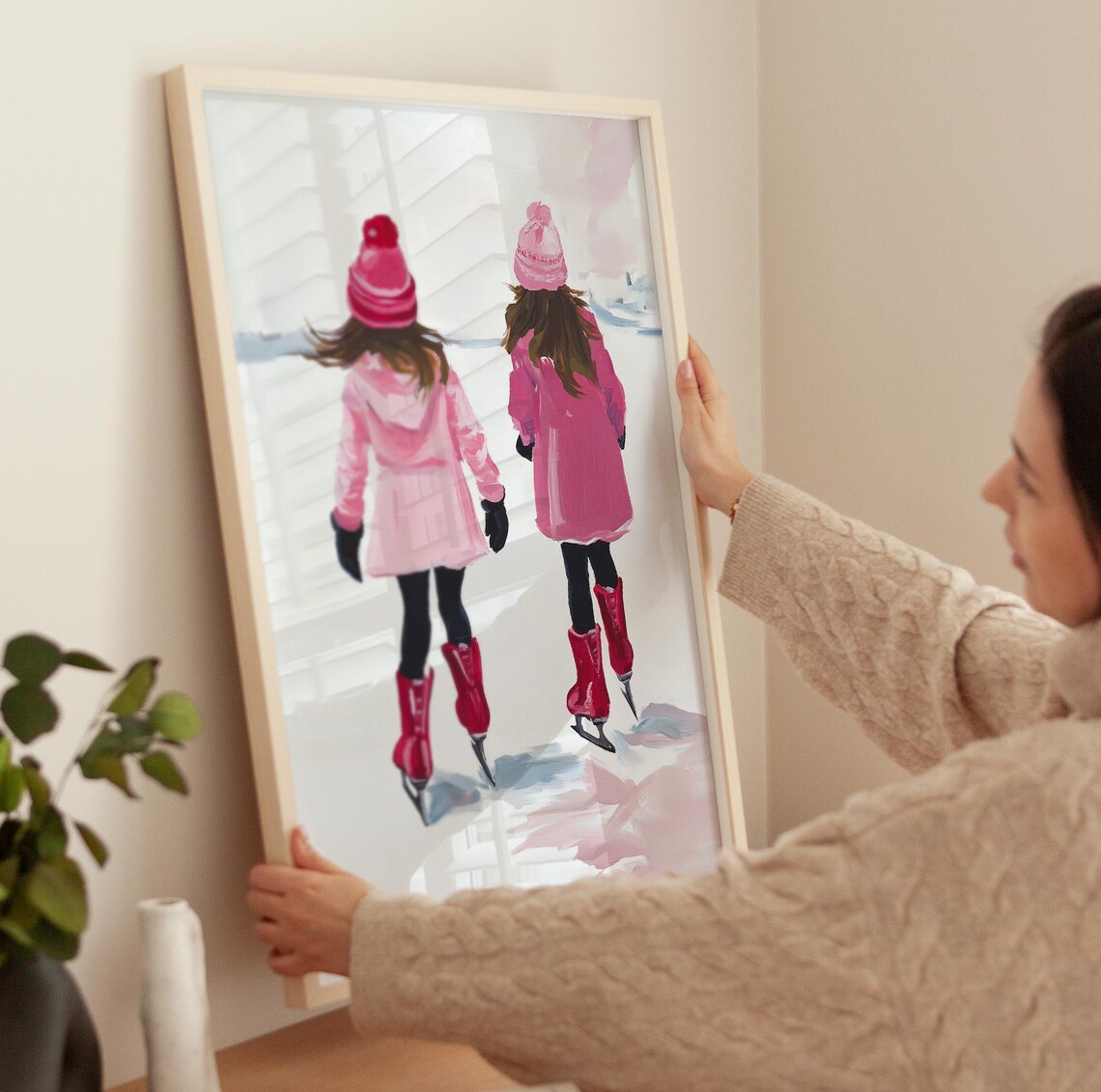 Pink Ice Skater Girls Art Print, Winter Christmas - Image 3