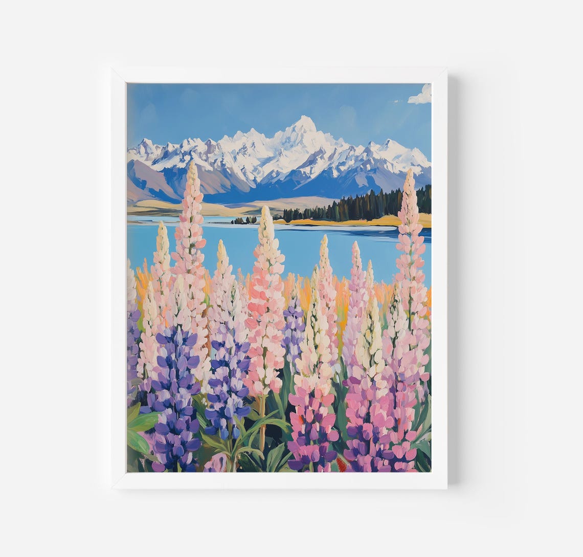 Snow Capped Mountains Lake With Pink Lupine Wildflowers Poster