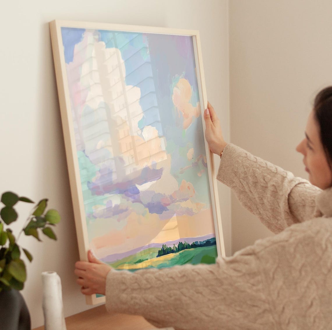 Dreamy Pastel Cloud Sky Over Rolling Green Fields Landscape Poster - Image 3