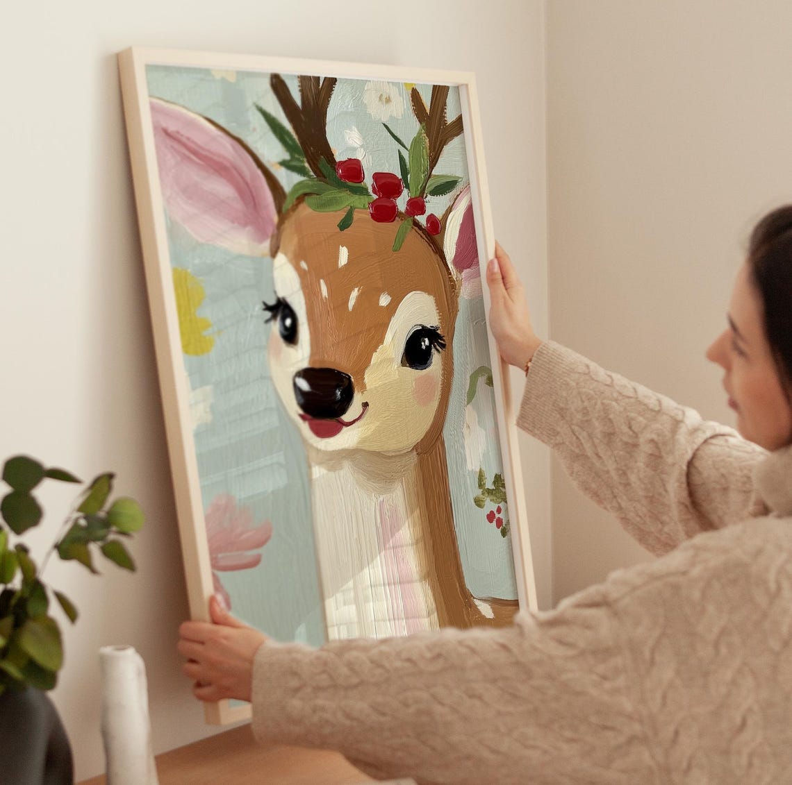 Smiling Reindeer With Berry Crown Floral Nursery Christmas Poster - Image 3