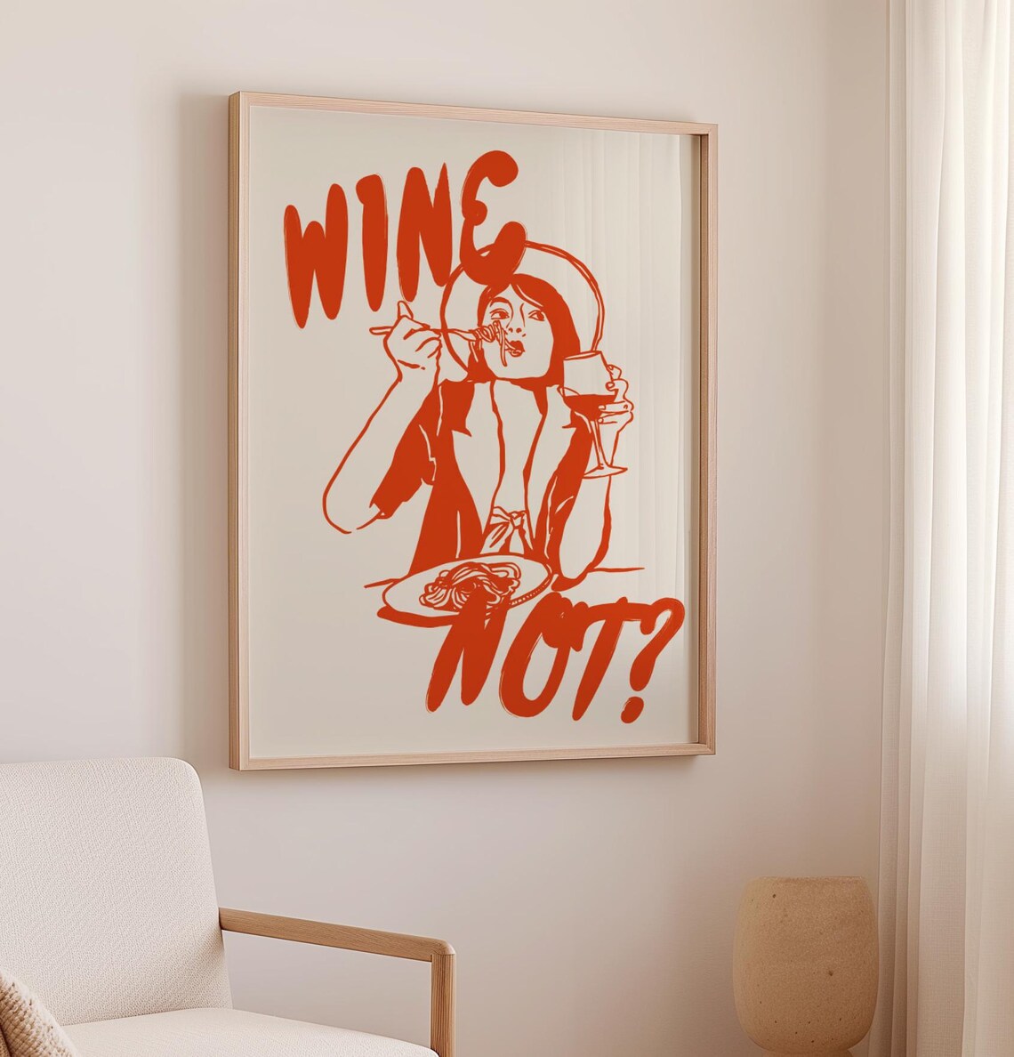 Wine Not Print Woman Eating Spaghetti Poster Retro Funny Kitchen Wall Art - Image 3
