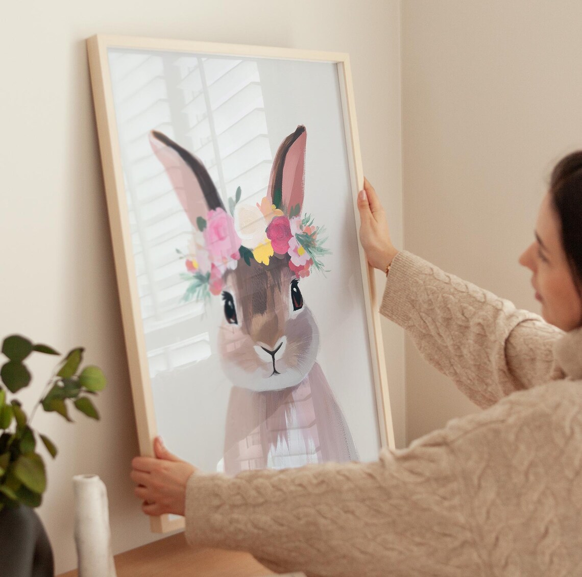 Sweet Bunny Wearing Floral Crown Watercolor Nursery Art Poster - Image 2