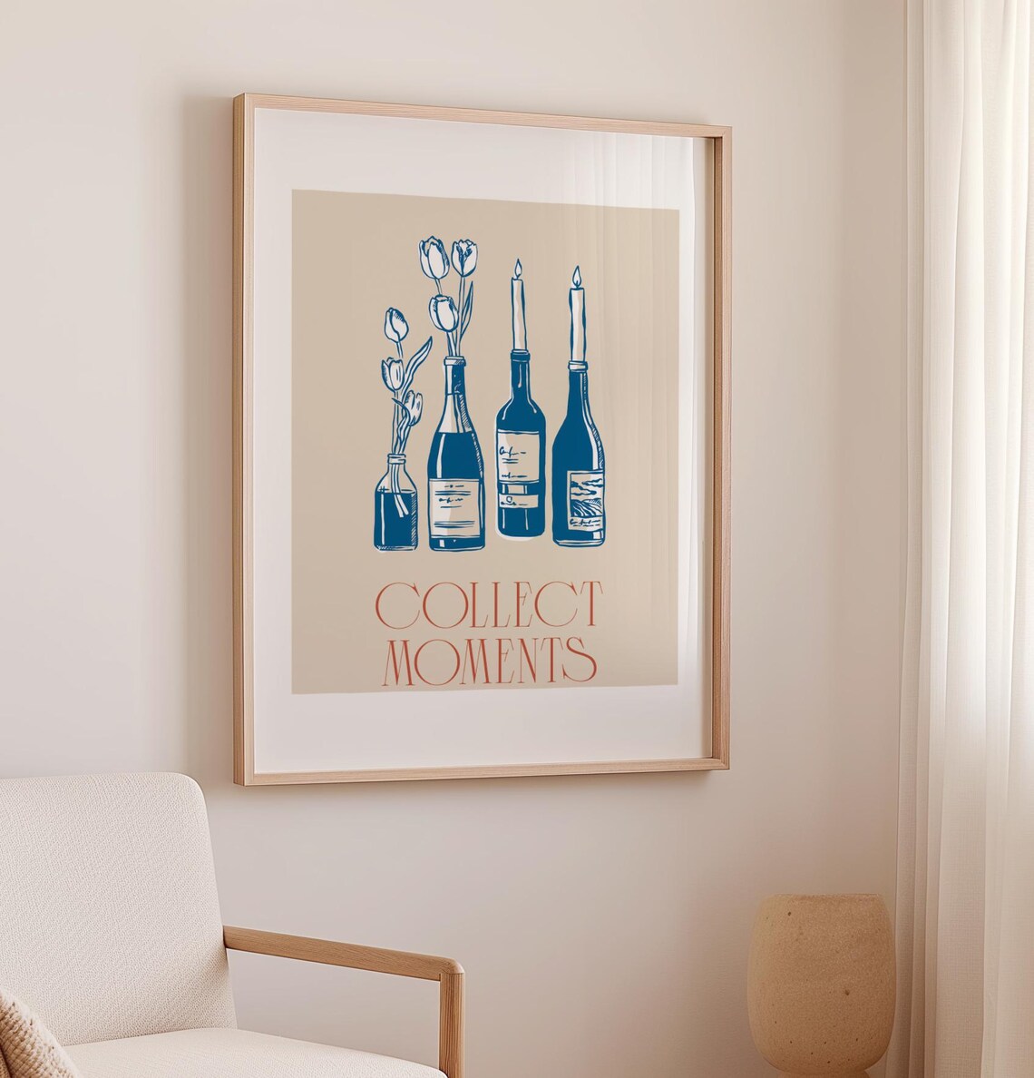 Collect Moments Print Blue Wine Bottles Tulips Candles Beige Kitchen Art - Image 3
