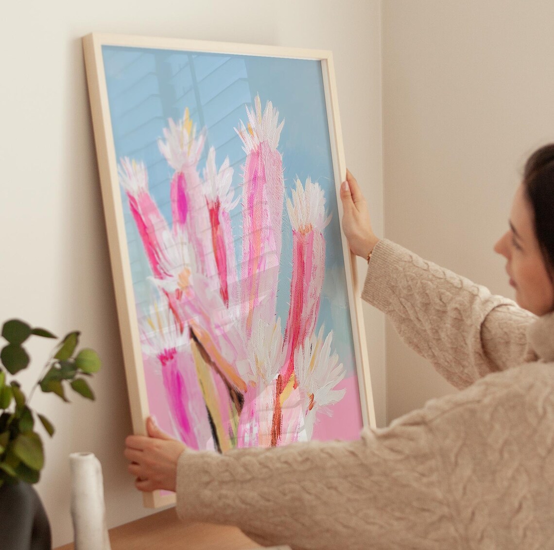 Pink Flowering Cactus Pastel Blue Sky Trendy Desert Plant Poster - Image 3