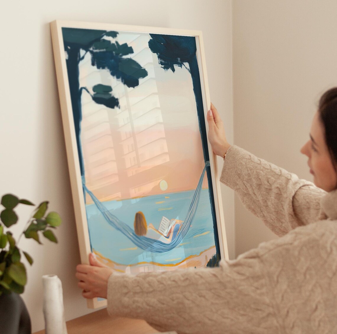 Girl Reading at Sunset Beach Hammock Art Print - Image 3