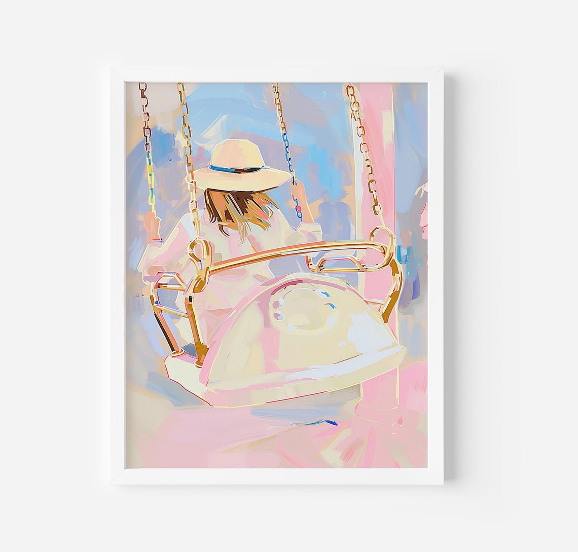 Pastel Girl Carousel Art Print Aesthetic Nursery Decor Whimsical Girls Room Decor Magical Kids Playroom Art Amusement Park Painting