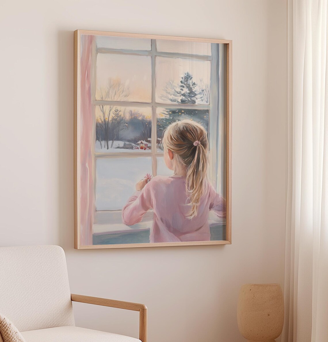 Girl Gazing Out Window At Snowy Winter Landscape Soft Art Poster - Image 2