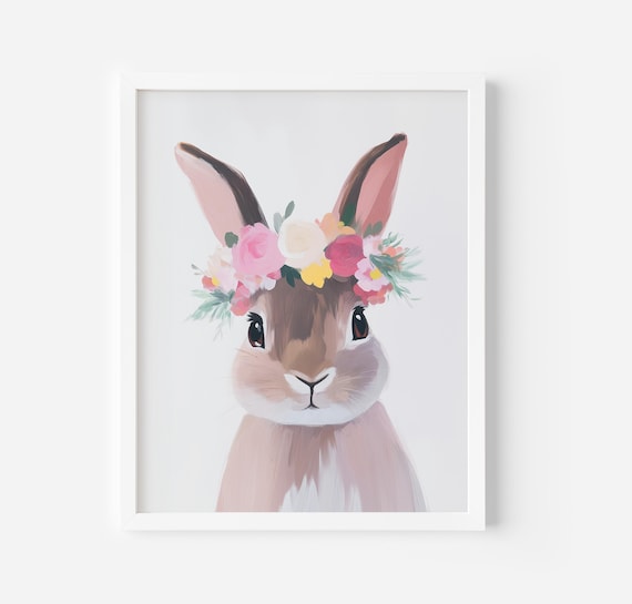 Sweet Bunny Wearing Floral Crown Watercolor Nursery Art Poster