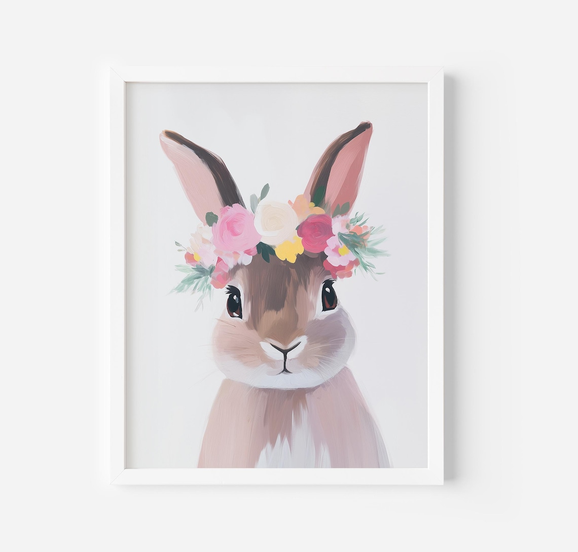 Sweet Bunny Wearing Floral Crown Watercolor Nursery Art Poster