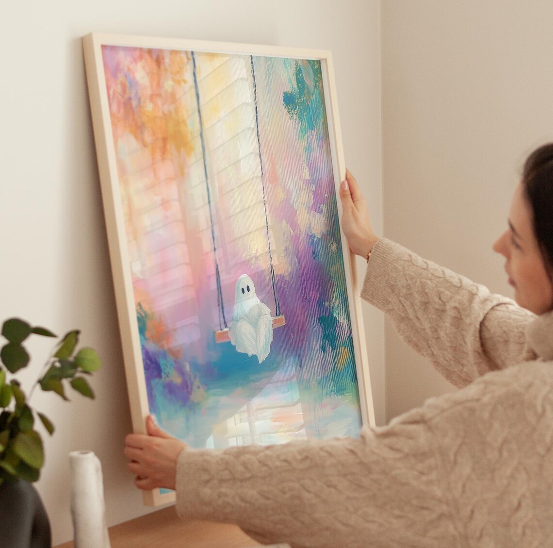 Cute Ghost On A Swing Pastel Halloween Watercolor Painting Poster - Image 3