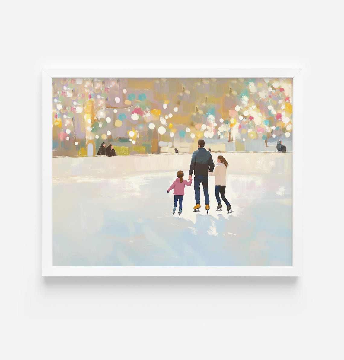 Dad And Daughters Ice Skating Under Golden Holiday Lights Poster