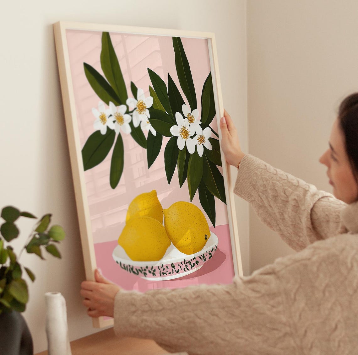 Lemons On Decorative Plate With Blossoms Pink Kitchen Art Poster - Image 3