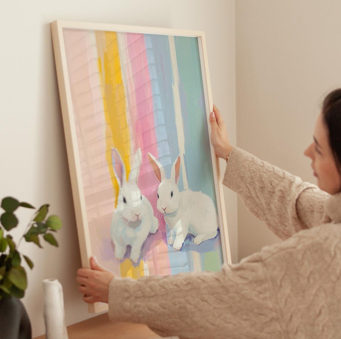 White Bunnies Pastel Striped Nursery Easter Rabbit Art Poster - Image 3