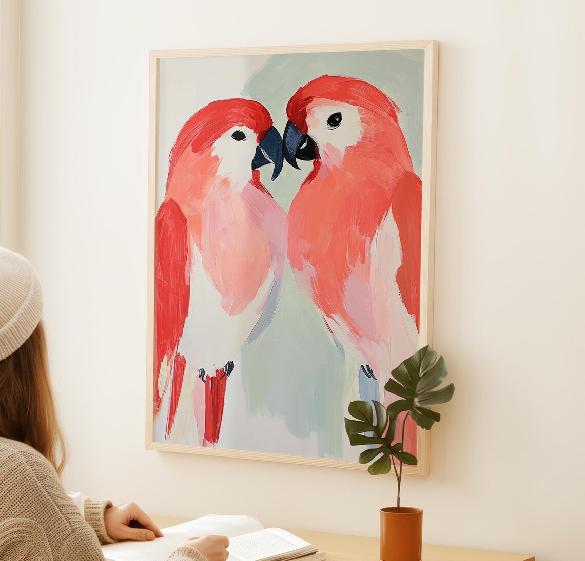 Pink Parrot Couple Love Birds Pastel Tropical Valentine Animal Poster - Image 2