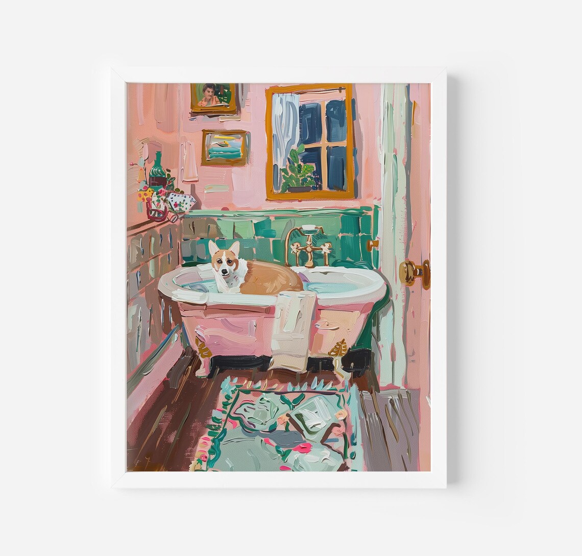 Corgi Soaking In Bathtub Pink Bathroom Funny Dog Painting Poster