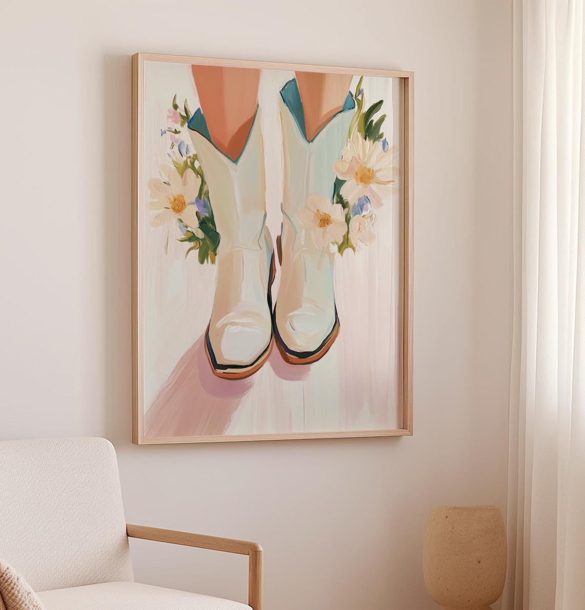 Cowgirl Legs In White Boots With Flowers Western Painting Poster - Image 2