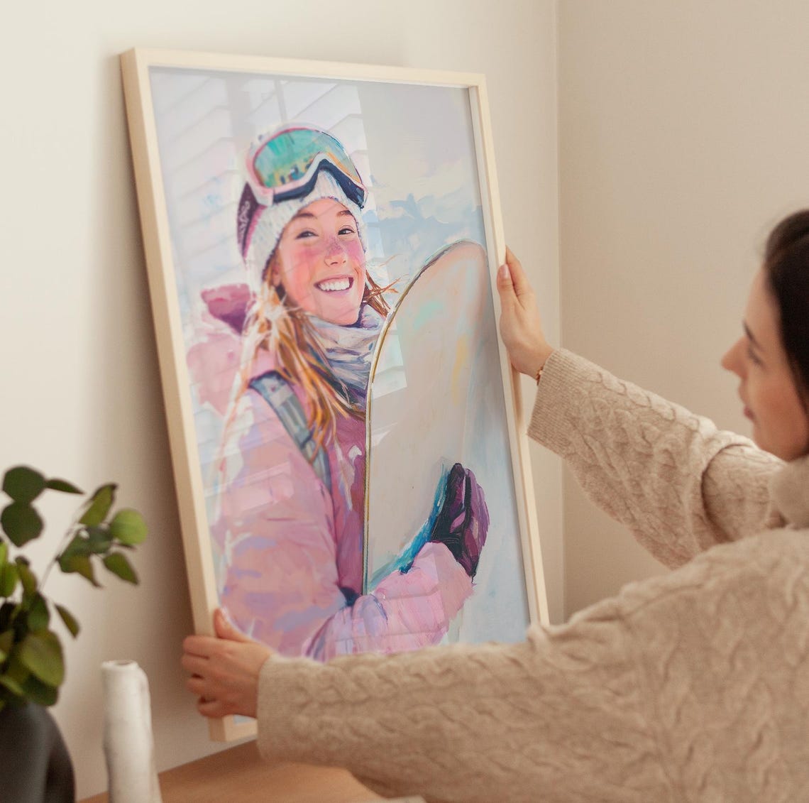 Smiling Girl Snowboarder In Pink Jacket On Sunny Slopes Poster - Image 3