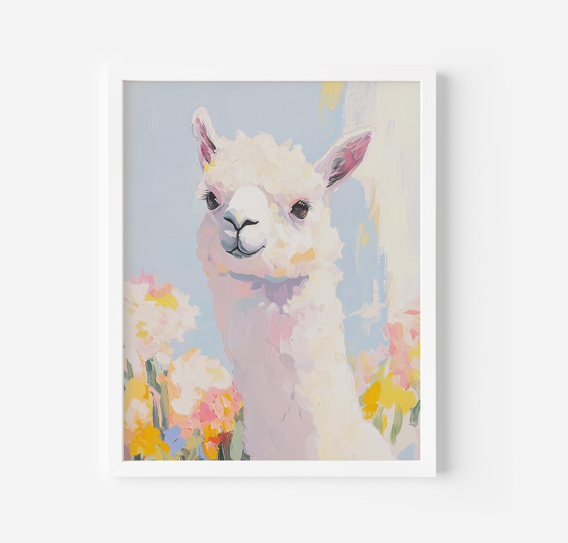 White Llama Portrait With Colorful Wildflowers Pastel Nursery Poster