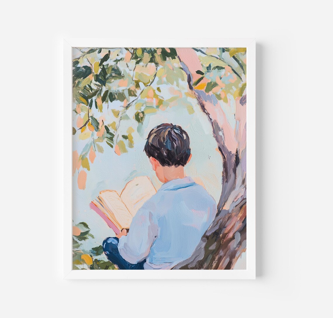 Boy Reading In Nature Painting, Blue Boys Room Poster