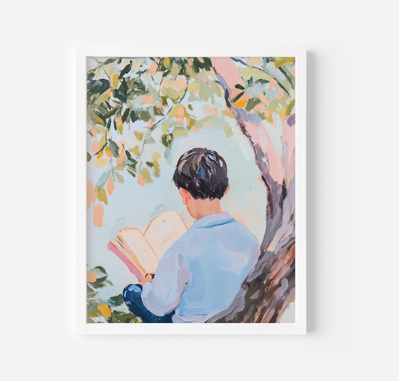 Boy Reading In Nature Painting, Blue Boys Room Poster