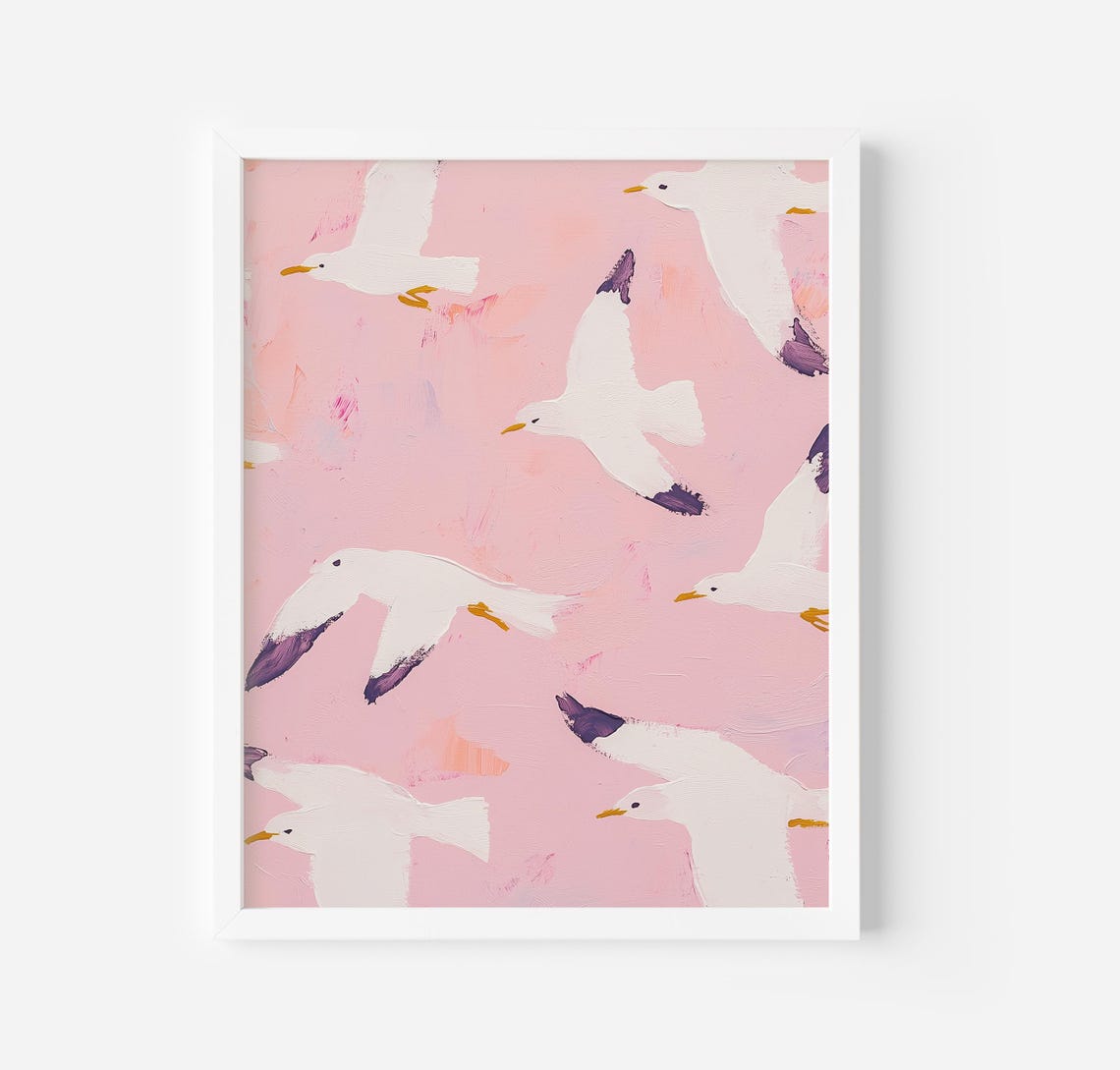 Seagulls Flying Across Pink Sky Coastal Beach Birds Pattern Poster