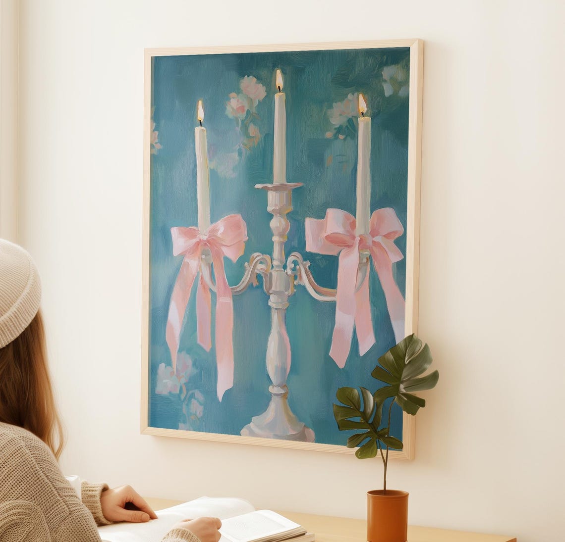 Lit Candelabra With Pink Bows On Teal Elegant Room Art Poster - Image 2