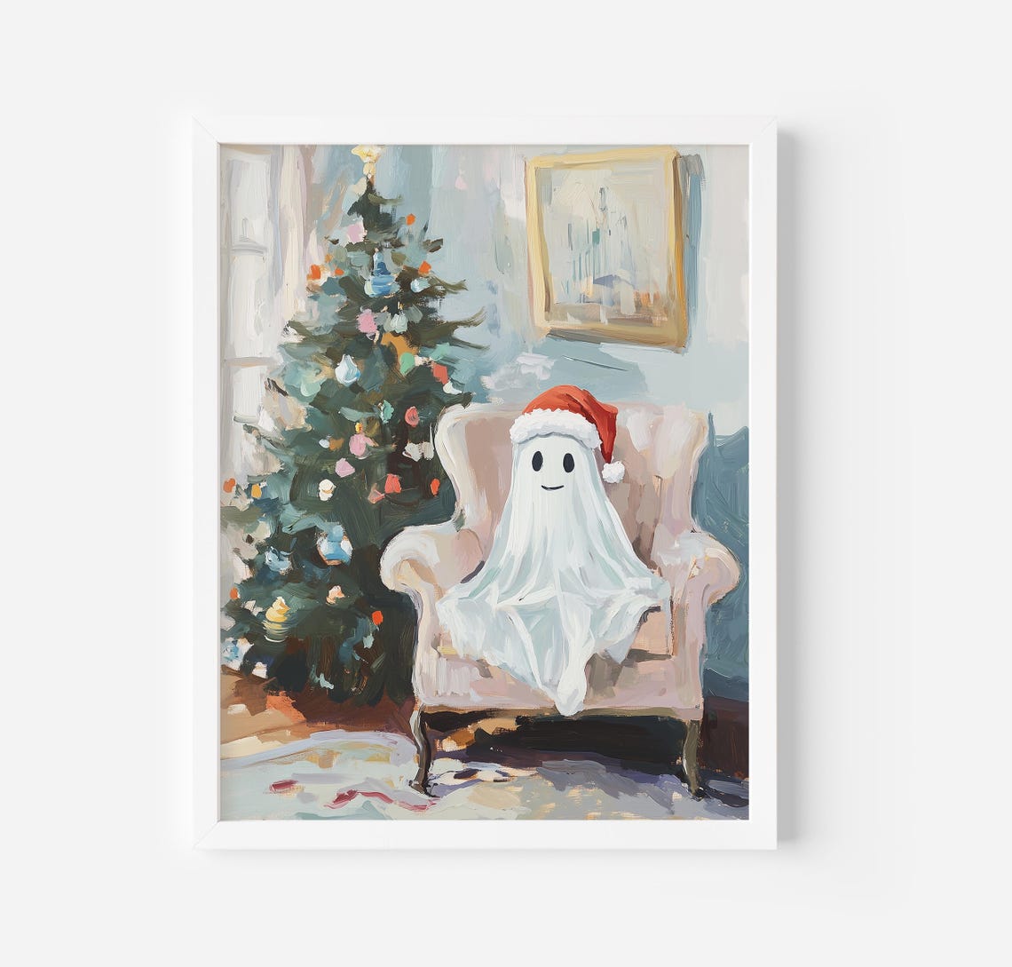 Cute Ghost Wearing Santa Hat by Christmas Tree Holiday Poster